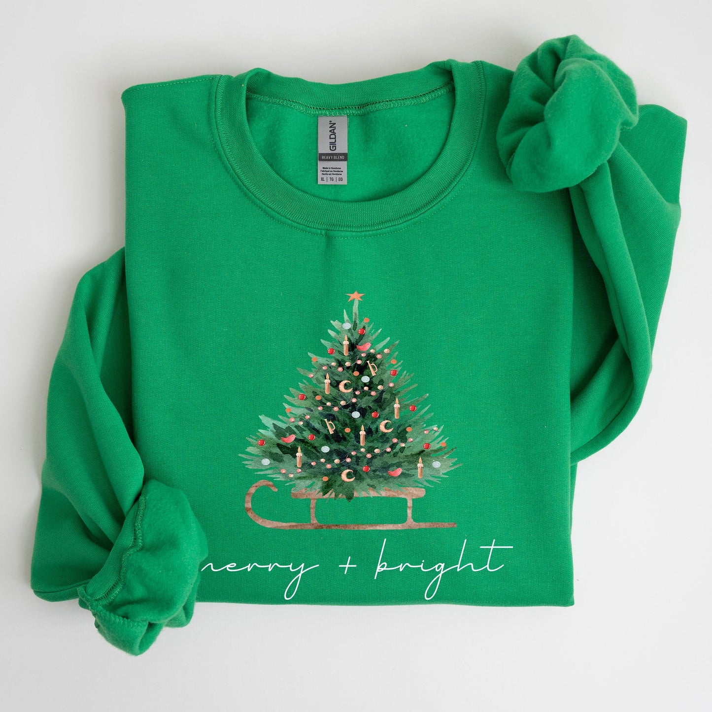 Merry and Bright, Sleigh, Christmas Tree, Winter, Snow, Xmas Sweatshirt