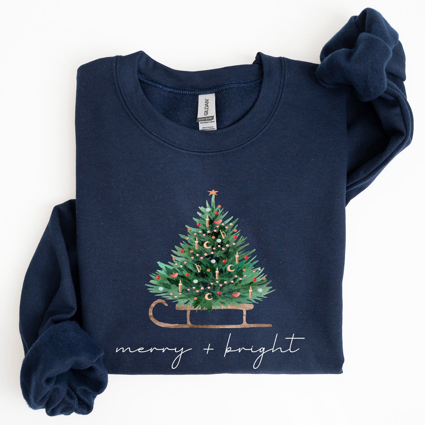Merry and Bright, Sleigh, Christmas Tree, Winter, Snow, Xmas Sweatshirt
