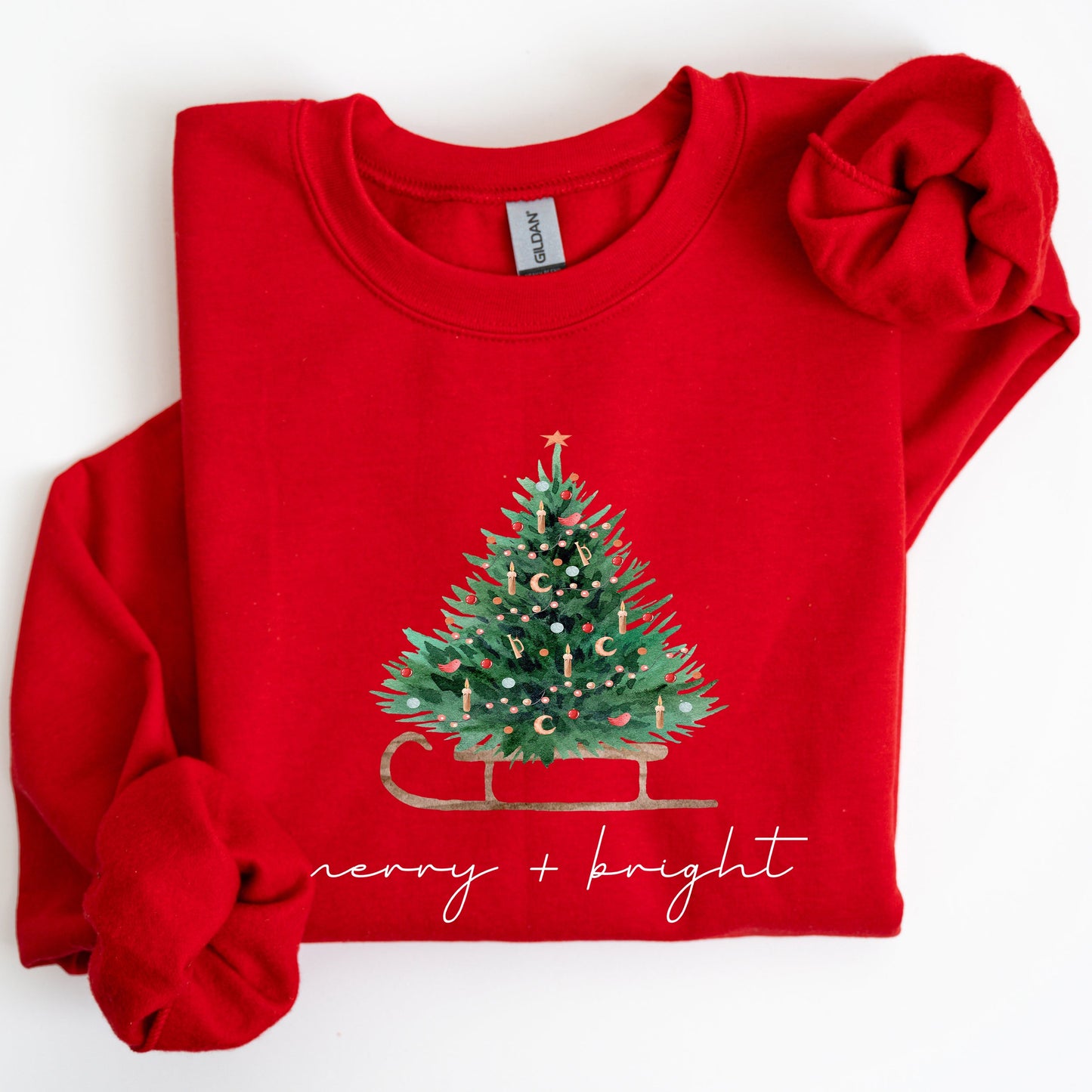 Merry and Bright, Sleigh, Christmas Tree, Winter, Snow, Xmas Sweatshirt