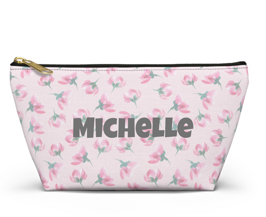 Customizable: Floral Accessory Pouch, Makeup Bag, Travel Case, Pink Flower Pouch, Gift for Her, Cosmetic Clutch, Everyday Organizer