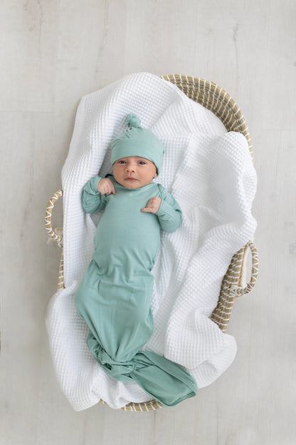 Newborn Knotted Baby Gown and Hat Set - Crew  - (Newborn-3 months) Mint, Navy Blue, Pink, Camel Brown