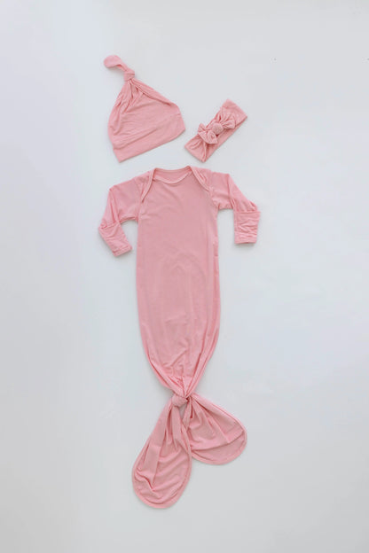 Newborn Knotted Baby Gown and Hat Set - Crew  - (Newborn-3 months) Mint, Navy Blue, Pink, Camel Brown