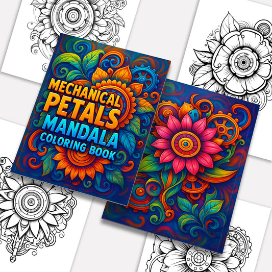Mechanical Petals Mandala Coloring Pages – 48 Intricate Steampunk Flower Illustrations for Adults