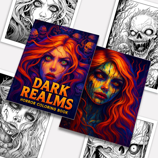 Dark Realms Coloring Pages – 48 Horror Illustrations – Creepy Faces, Gothic Monsters & Scary Worlds – For Adults