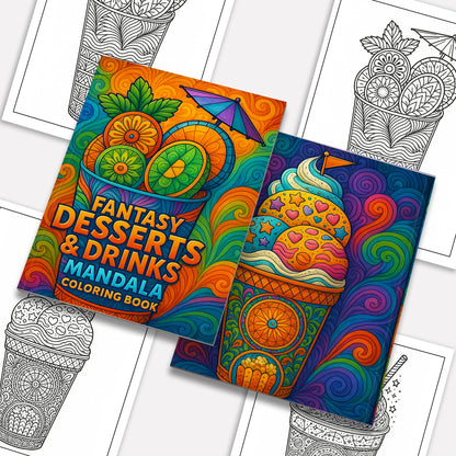 Fantasy Desserts & Drinks Mandala Coloring Pages – 48 Intricate Tropical and Space-Themed Treats for Adults
