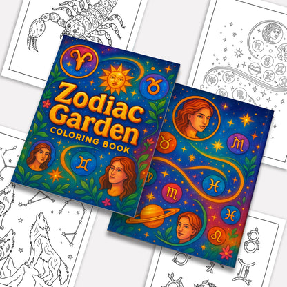 Zodiac Garden Coloring Pages – 48 Pages – A Whimsical Astrology Coloring Book – For Adults