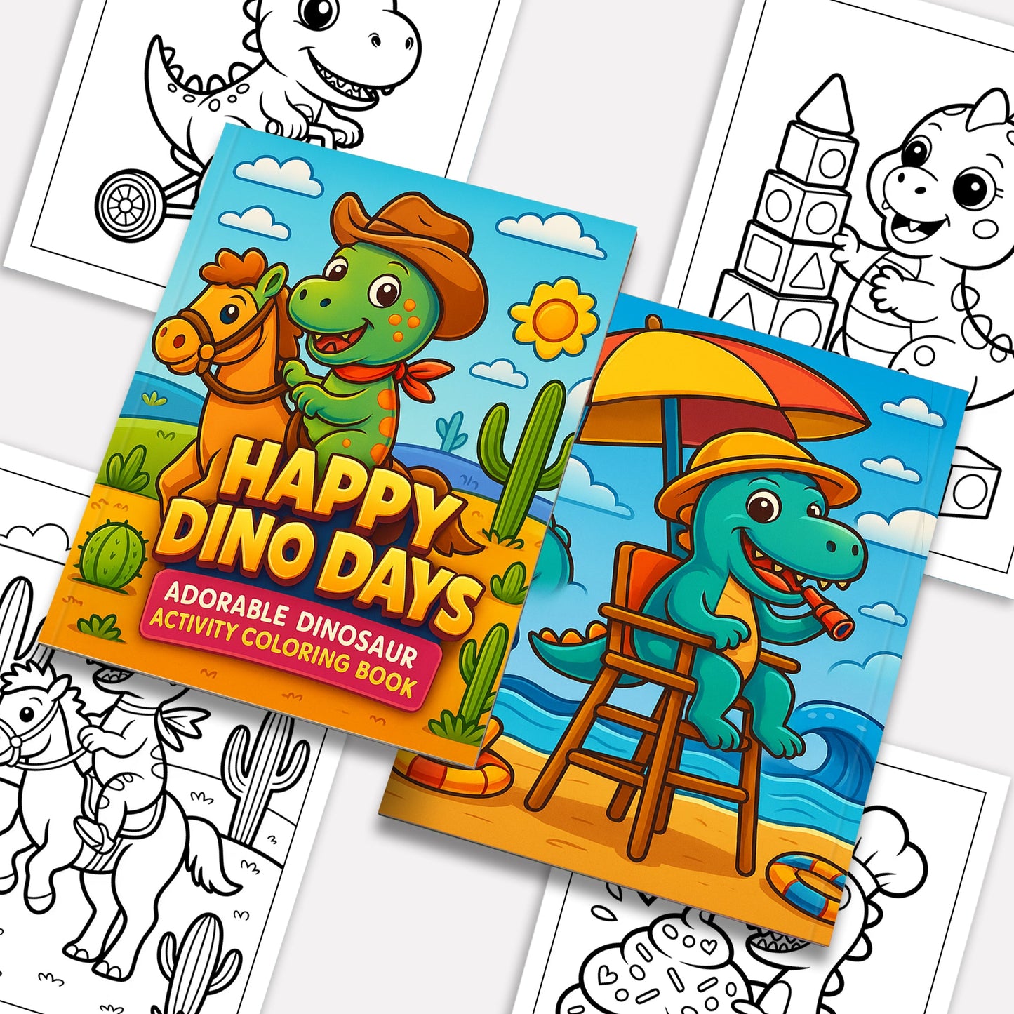 Happy Dino Days – Adorable Dinosaur Activity Coloring Pages – 48 Pages – Cute Dino, Outdoor Scenes – For Kids