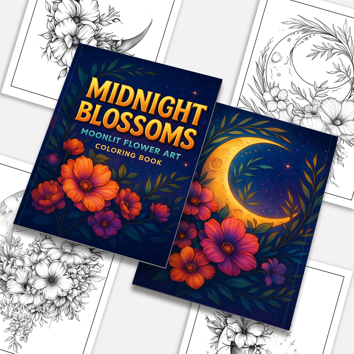 Midnight Blossoms Coloring Pages – 48 Pages – Enchanted Flowers, Starry Sky, Moonlit Scenes – For Adults