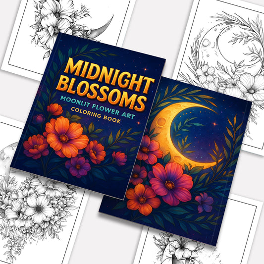 Midnight Blossoms Coloring Pages – 48 Pages – Enchanted Flowers, Starry Sky, Moonlit Scenes – For Adults