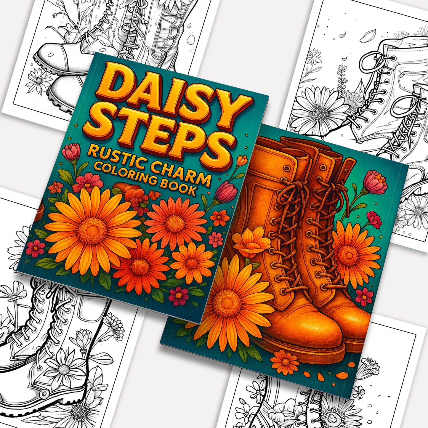 Daisy Steps Coloring Pages – 48 Charming Flower & Boot Illustrations for Adults