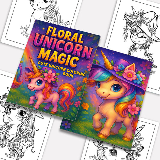 Floral Unicorn Magic Coloring Pages – 48 Pages – Adorable Flower Unicorn Designs – For Kids