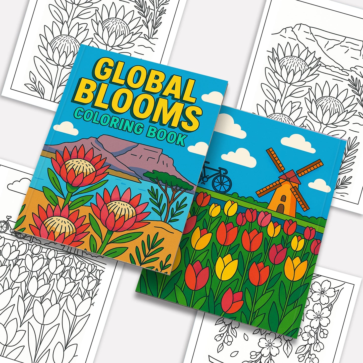 Global Blooms – Flower Coloring Pages – 48 Pages – Iconic Blossoms from Japan, Vietnam, Holland & More – For Adults