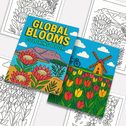 Global Blooms – Flower Coloring Pages – 48 Pages – Iconic Blossoms from Japan, Vietnam, Holland & More – For Adults