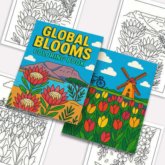 Global Blooms – Flower Coloring Pages – 48 Pages – Iconic Blossoms from Japan, Vietnam, Holland & More – For Adults