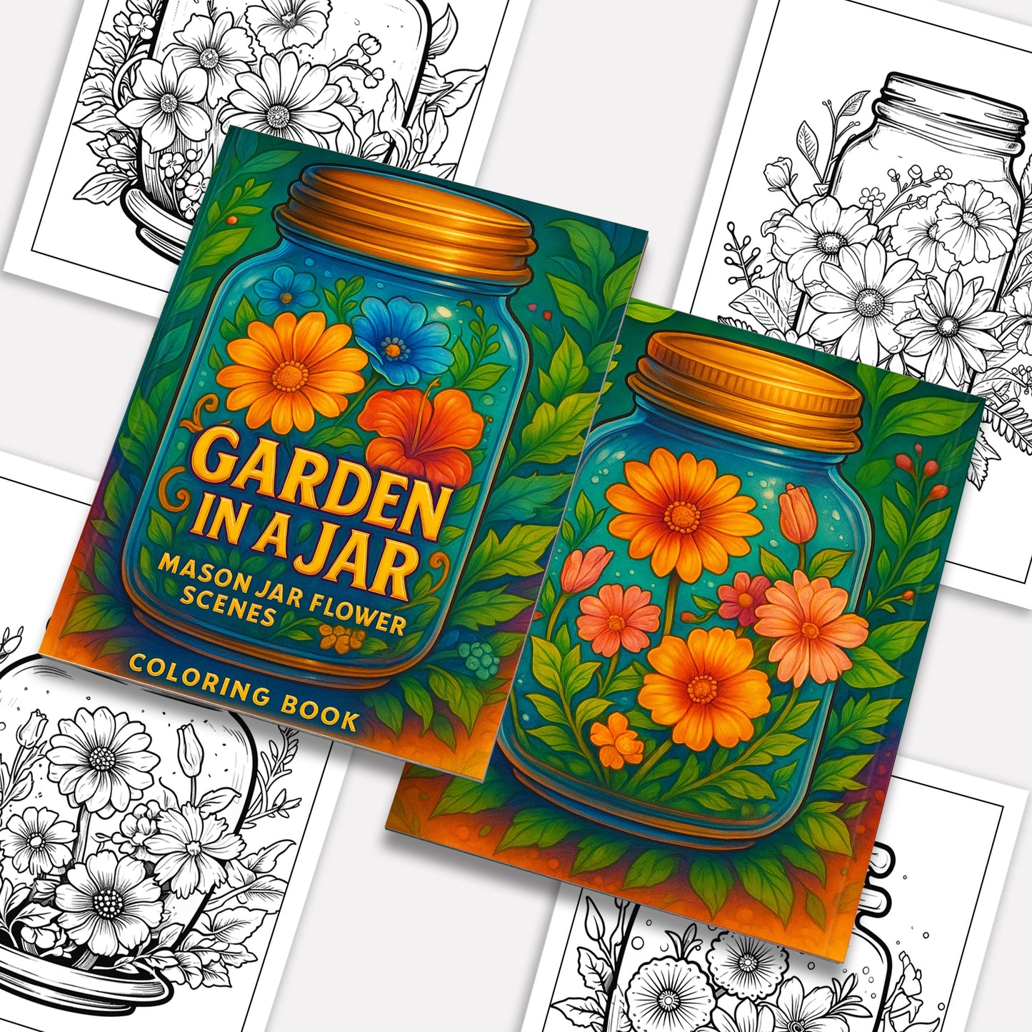 Garden in a Jar Coloring Pages – 48 Pages – Flower Jars, Nature Terrarium Scenes – For Adults