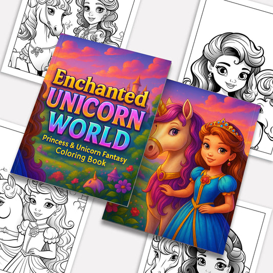Enchanted Unicorn World Coloring Pages – 48 Pages – Magical Princess and Unicorn Fantasy – For Kids