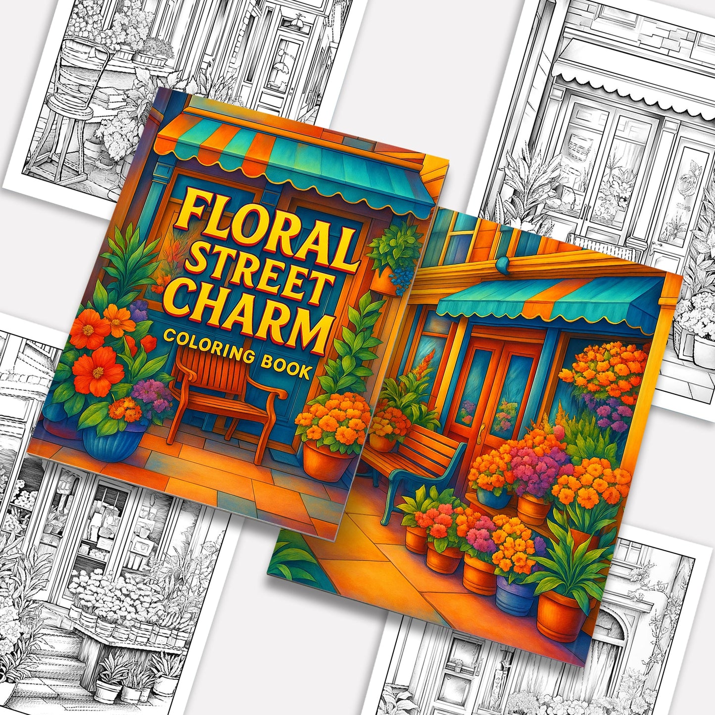 Floral Street Charm Coloring Pages – 48 Relaxing Flower Scenes for Adults
