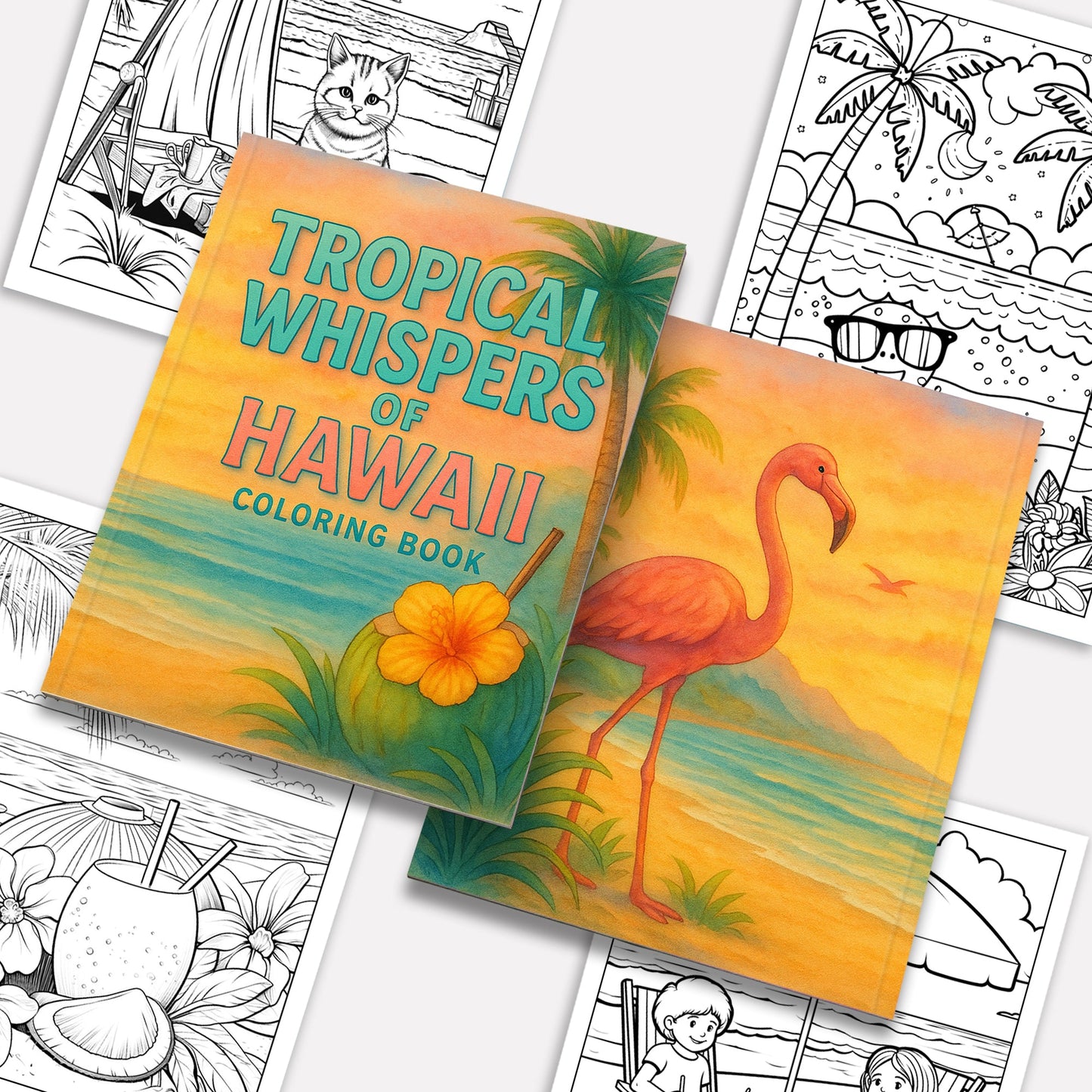 Tropical Whispers of Hawaii Coloring Pages – 48 Serene Island Scenes with Flamingos, Coconuts, and Cats – For Adults