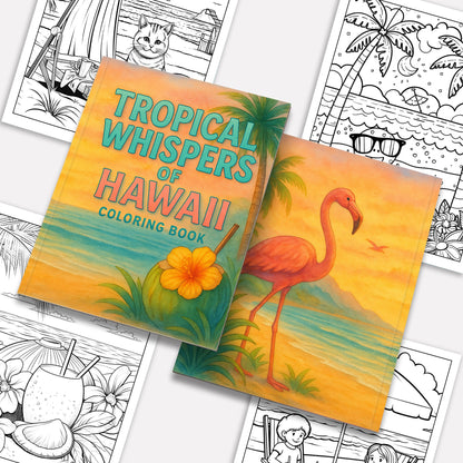 Tropical Whispers of Hawaii Coloring Pages – 48 Serene Island Scenes with Flamingos, Coconuts, and Cats – For Adults