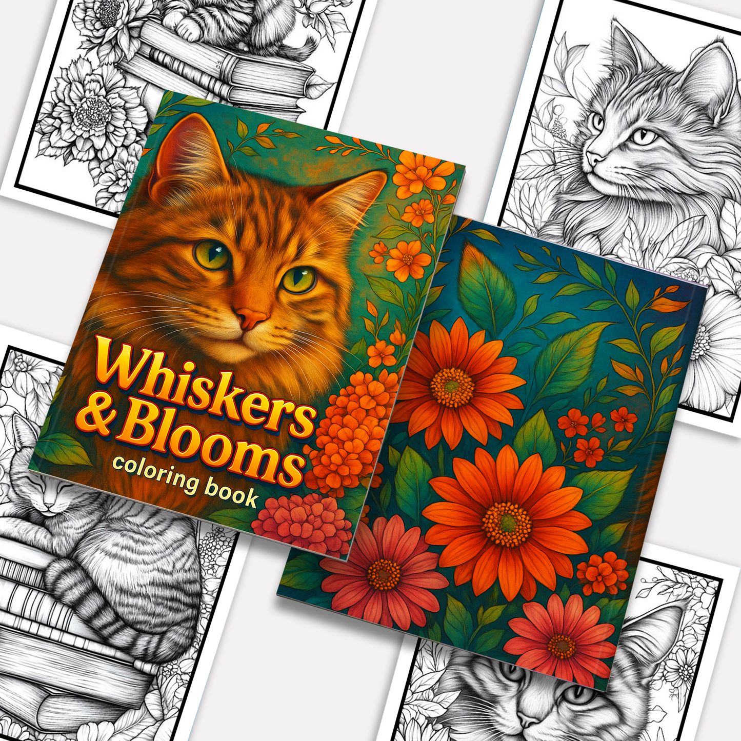 Whiskers & Blooms –  Flower Coloring Pages – 48 Pages – Cozy Cats, Floral Backgrounds, Relaxing Line Art – For Adults