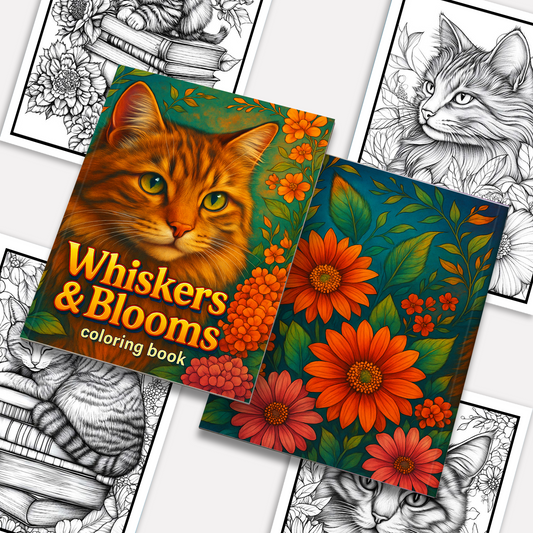 Whiskers & Blooms –  Flower Coloring Pages – 48 Pages – Cozy Cats, Floral Backgrounds, Relaxing Line Art – For Adults