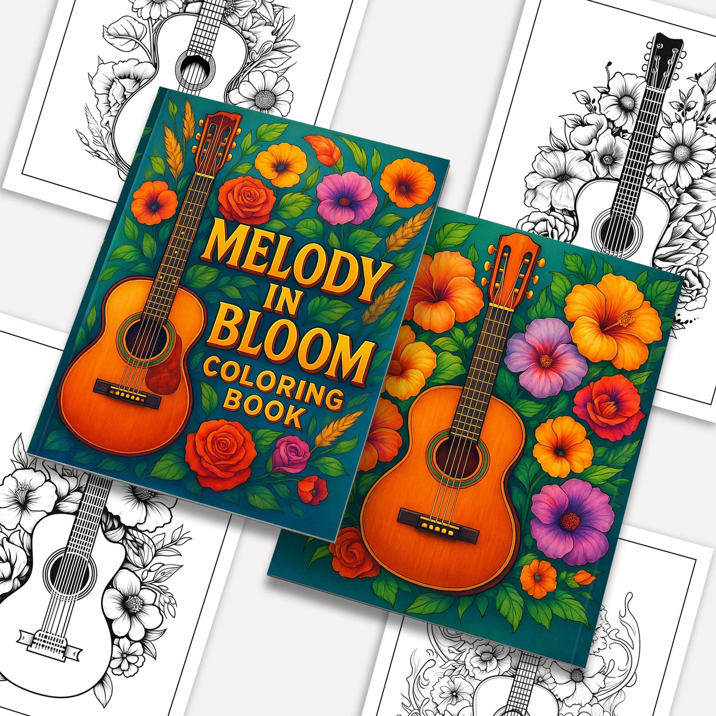 Melody in Bloom Coloring Pages – 48 Guitar and Flower Designs for Adults