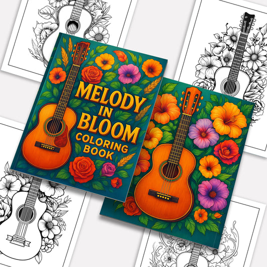 Melody in Bloom Coloring Pages – 48 Guitar and Flower Designs for Adults