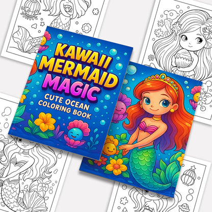 Kawaii Mermaid Magic Coloring Pages – 48 Pages – Cute Ocean, Mermaid, and Sea Life Designs – For Kids