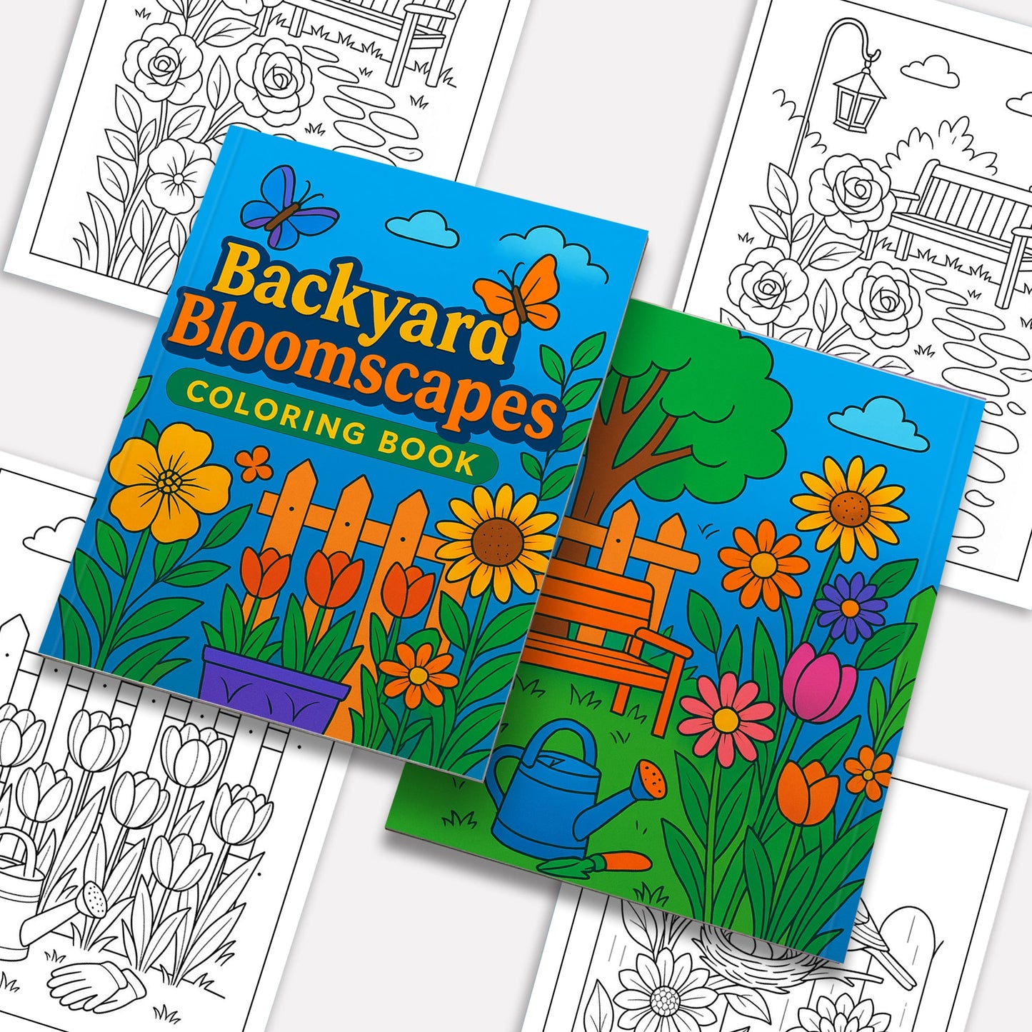Backyard Bloomscapes – Flower Coloring Pages – 48 Pages – Cozy Gardens, Tulips, Roses, Birdhouses – For Adults