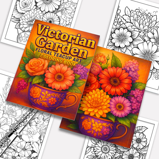 Victorian Garden – Teacup Flower Coloring Pages – 48 Vintage Floral Designs – For Adults