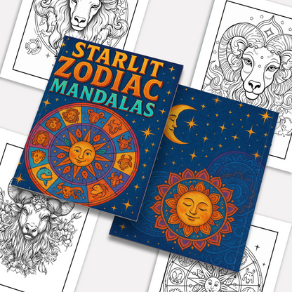 Starlit Zodiac Mandalas – Zodiac Coloring Pages – 48 Pages – Cosmic Patterns, Horoscope Magic – For Adults