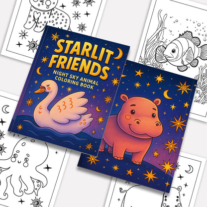 Starlit Friends Coloring Pages – 48 Pages – Cute Night Animals – For Kids