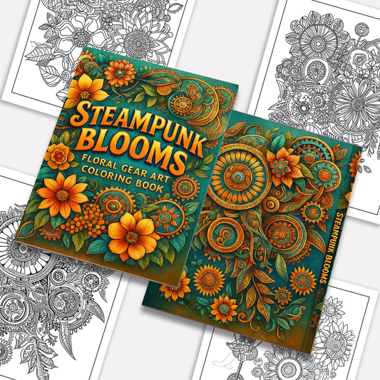 Steampunk Blooms Coloring Pages – 48 Pages – Floral Gears, Mechanical Flowers, Intricate Design – For Adults