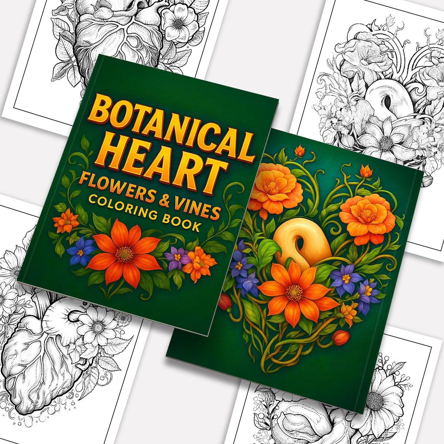 Botanical Heart Coloring Pages – 48 Pages – Beautiful Flowers, Vines, Nature – For Adults