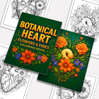 Botanical Heart Coloring Pages – 48 Pages – Beautiful Flowers, Vines, Nature – For Adults