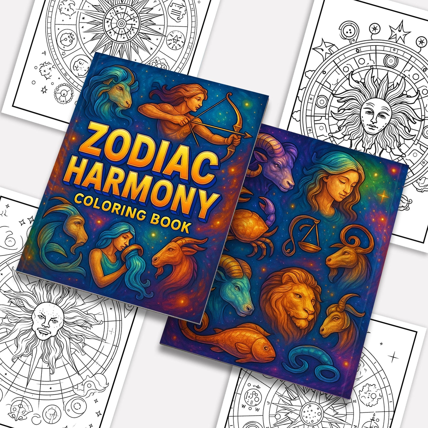 Zodiac Harmony Coloring Pages – 48 Pages – 12 Star Signs, Celestial Art, Spiritual Vibes – For Adults