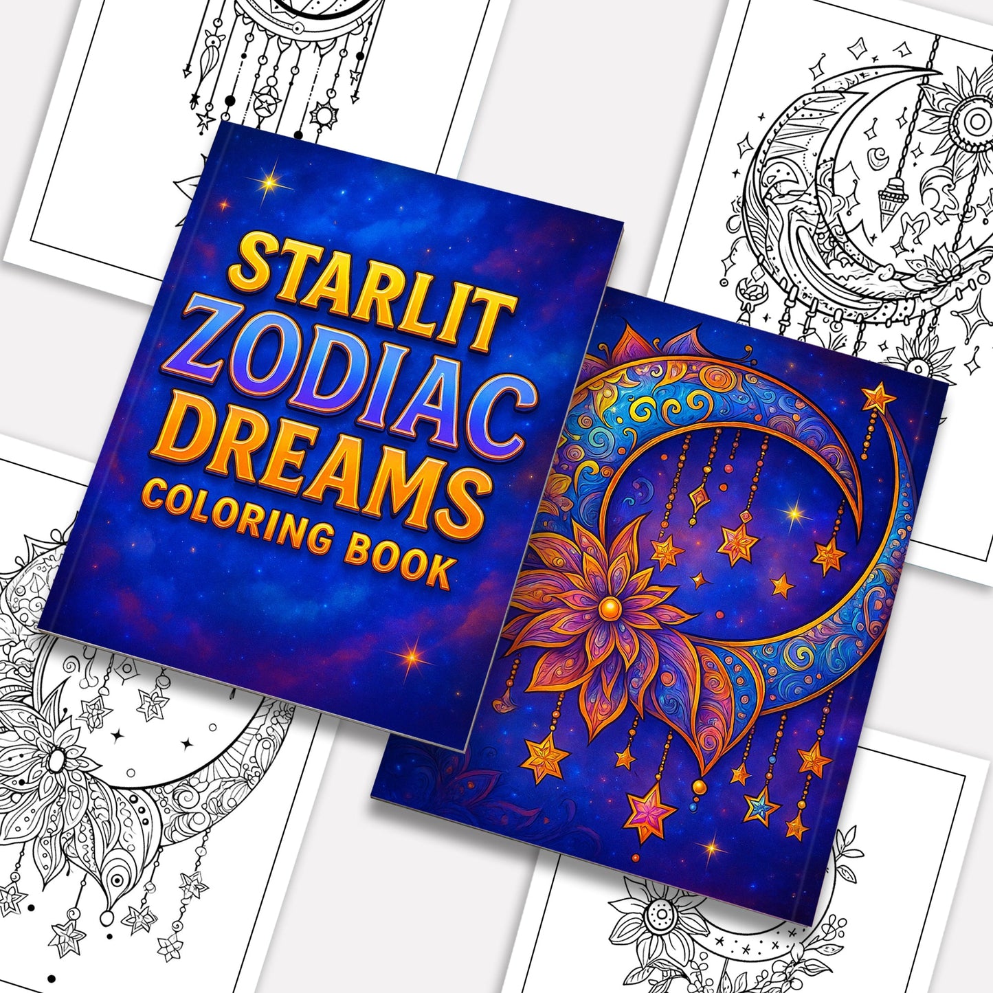Starlit Zodiac Dreams Coloring Pages – 48 Pages – Moon, Stars & Horoscope Symbols for Adults