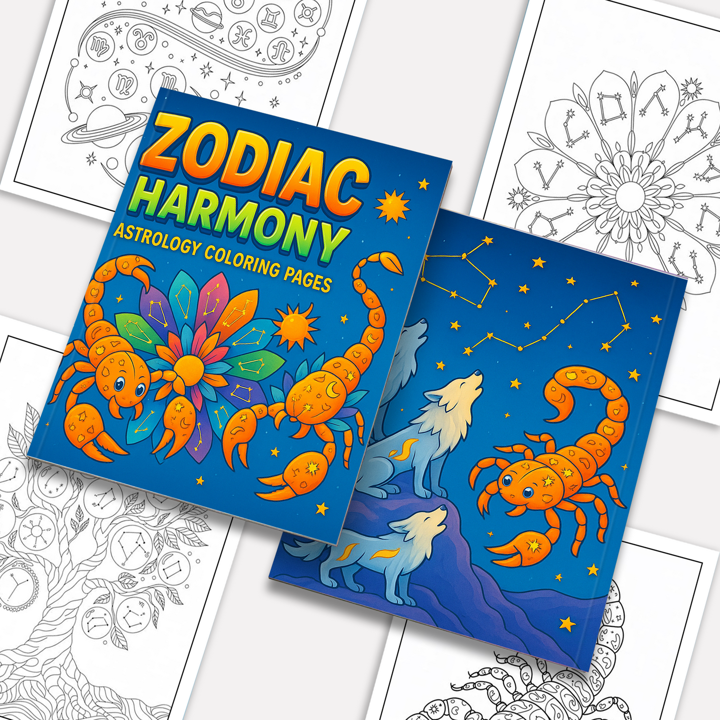 Zodiac Harmony – Astrology Coloring Pages – 48 Pages – Stars, Constellations, Mandala Designs – For Adults