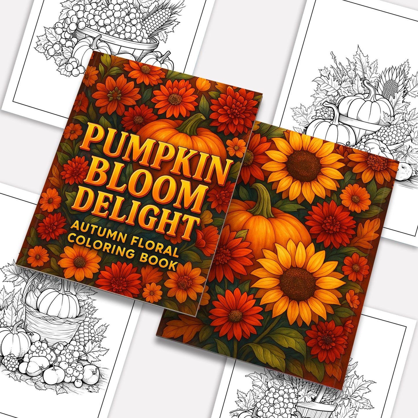 Pumpkin Bloom Delight Coloring Pages – 48 Pages – Pumpkins, Autumn Flowers, Harvest Garden Designs – For Adults
