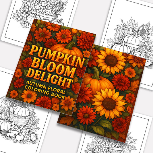 Pumpkin Bloom Delight Coloring Pages – 48 Pages – Pumpkins, Autumn Flowers, Harvest Garden Designs – For Adults