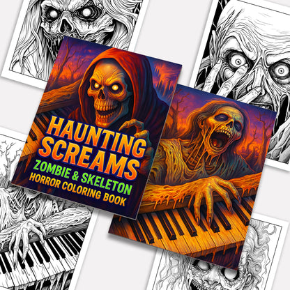 Haunting Screams Horror Coloring Pages – 48 Pages – Scary Skeletons, Zombies & Haunted Piano Scene – For Adults