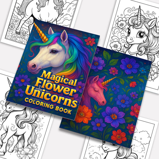 Magical Flower Unicorns – Coloring Pages – 48 Pages – Kawaii Unicorns Surrounded by Blooms – For Kids