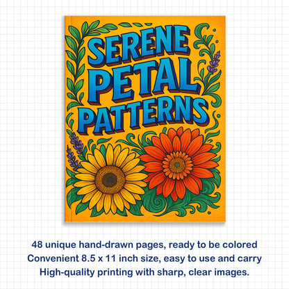 Serene Petal Patterns – Flower Coloring Pages – 48 Pages – Gentle Blooms with Elegant Waves, Circles & Light Motifs – For Adults