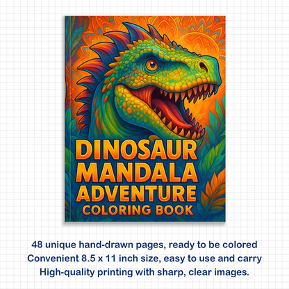 Dinosaur Mandala Adventure Coloring Pages – 48 Unique Dinosaur Designs for Kids & Adults