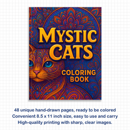Mystic Cats – Mandala Coloring Pages – 48 Pages – Intricate Feline Patterns, Stress-Relieving Designs – For Adults