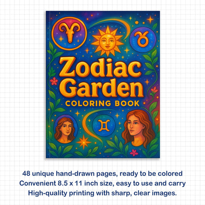 Zodiac Garden Coloring Pages – 48 Pages – A Whimsical Astrology Coloring Book – For Adults