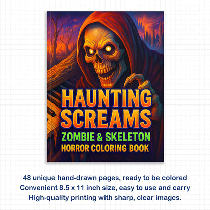 Haunting Screams Horror Coloring Pages – 48 Pages – Scary Skeletons, Zombies & Haunted Piano Scene – For Adults