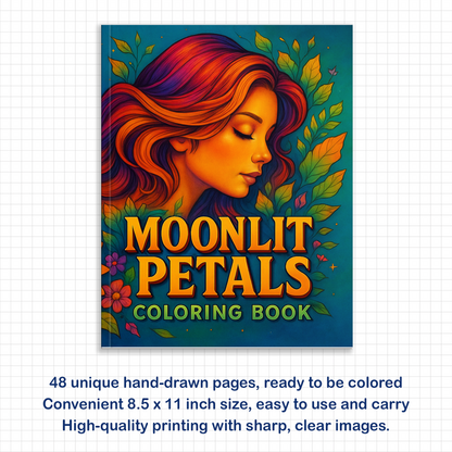 Moonlit Petals – Flower and Moon Coloring Pages – 48 Pages – Feminine, Magical, Nature-Inspired Beauty – For Adults