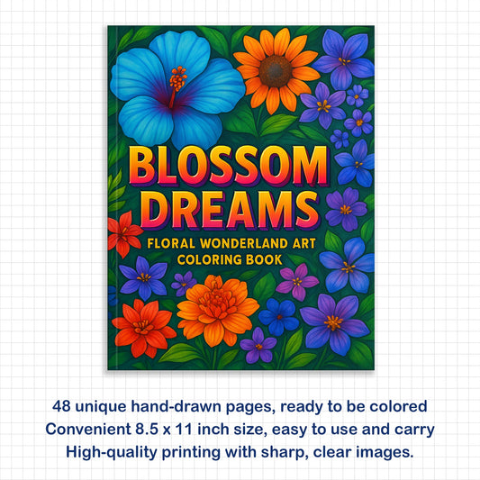 Blossom Dreams Coloring Pages – 48 Pages – Floral Wonderland Art, Beautiful Flowers, Nature Designs – For Adults