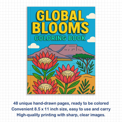 Global Blooms – Flower Coloring Pages – 48 Pages – Iconic Blossoms from Japan, Vietnam, Holland & More – For Adults